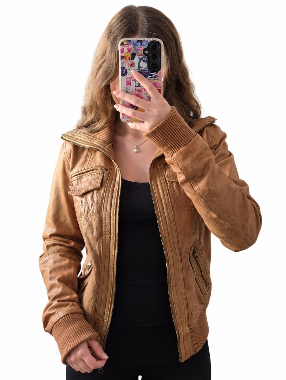 Bershka Tan Leather Jacket with Ribbed Collar